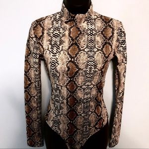 Bodysuit: Snake Print, Mock Neck, Brown